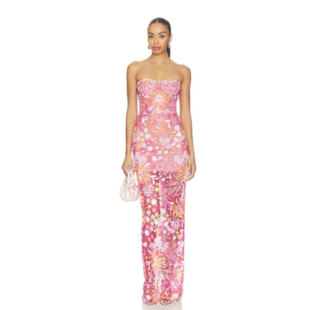 NWOT BRONX AND BANCO Mallorca Sequin Dahlia Strapless Maxi Dress in Pink Multi
